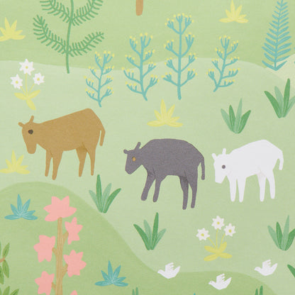 Pastel-green farm landscape print with a brown horse, dark gray animal and white sheep among stylized trees and flowers.