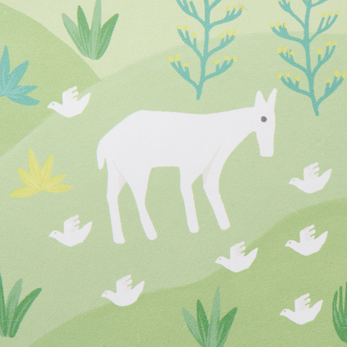 Pastel illustration of a white donkey standing in green hills with blue-green plants and white birds.