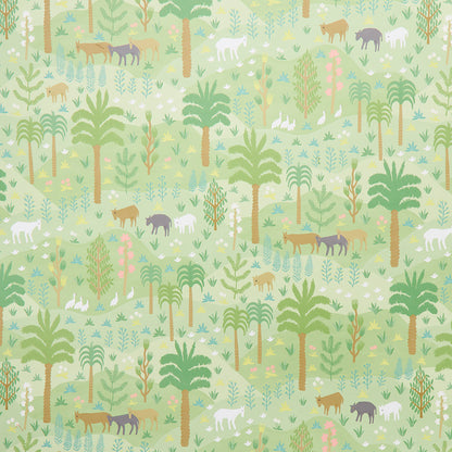 Pastel green wallpaper featuring palm trees, ferns and small animal silhouettes scattered throughout.