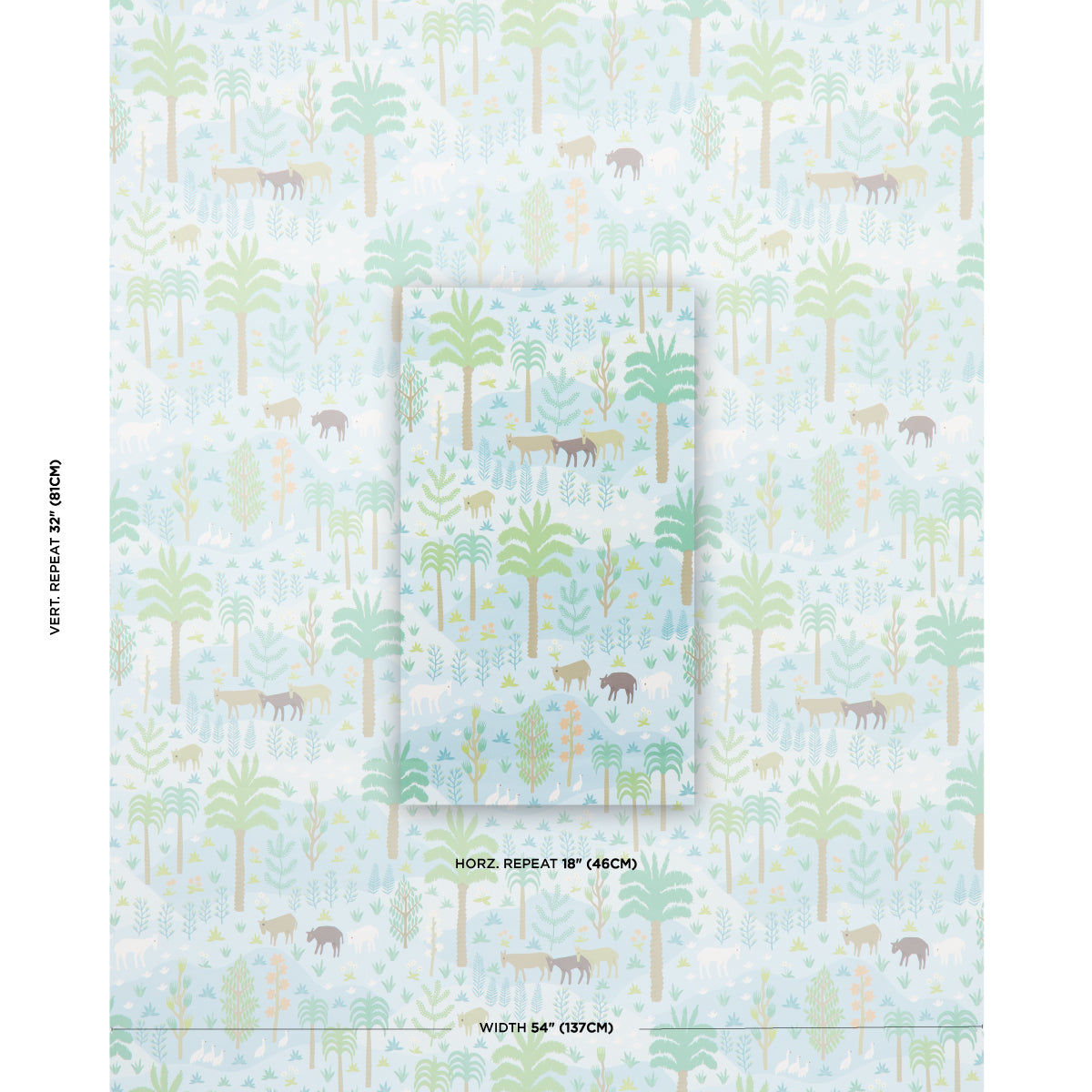 Pastel woodland wallpaper with trees & small animals in mint, teal, yellow on white; horizontal repeat 18", width 54