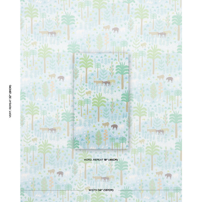 Pastel woodland wallpaper with trees & small animals in mint, teal, yellow on white; horizontal repeat 18", width 54