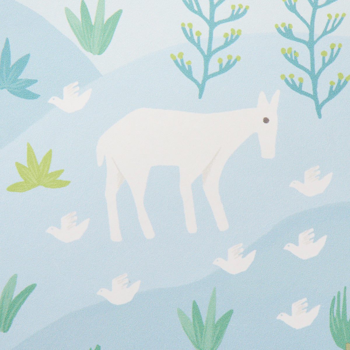 Pastel blue wallpaper featuring a white horse, white birds, and green plants in a whimsical nature scene.