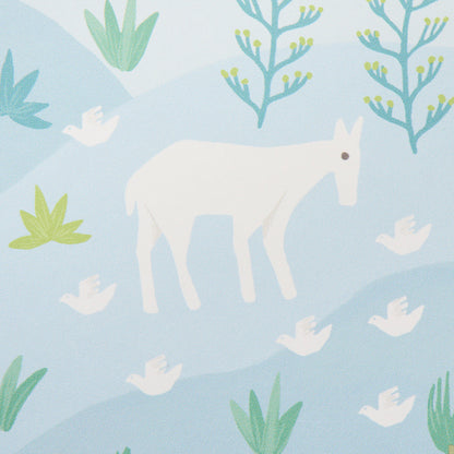 Pastel blue wallpaper featuring a white horse, white birds, and green plants in a whimsical nature scene.