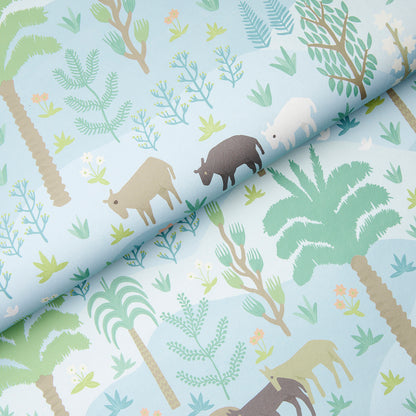 Light blue fabric with tropical jungle print: palm trees, ferns, and small beige to brown animal silhouettes.