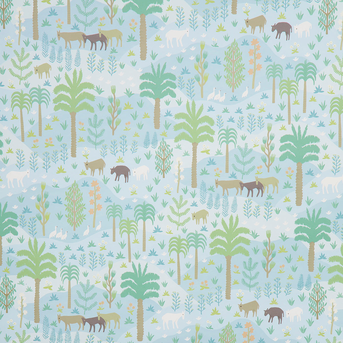 Pastel jungle print fabric with palm trees and ferns in blues, greens, and sand tones.