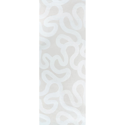 Tall wallpaper panel in pale taupe with white abstract looping squiggle pattern.