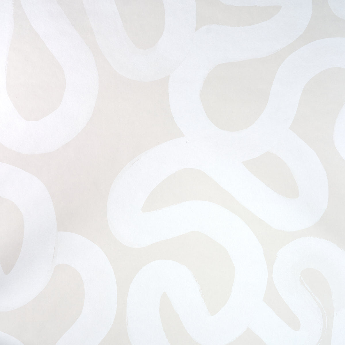 Beige background with white abstract looping curve pattern.