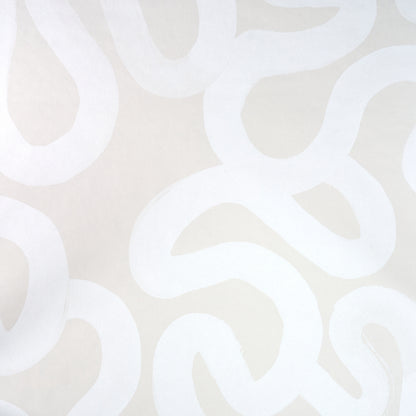 Beige background with white abstract looping curve pattern.
