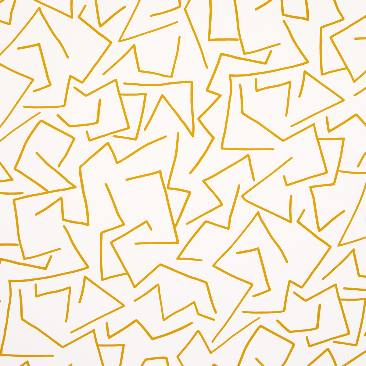Golden-yellow geometric line pattern with angular shapes on white; abstract modern wallpaper or fabric print.