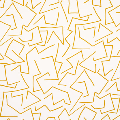 Golden-yellow geometric line pattern with angular shapes on white; abstract modern wallpaper or fabric print.
