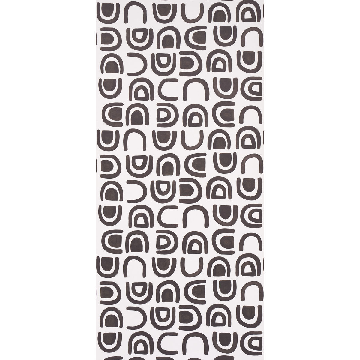 Long rectangular rug runner with repeating charcoal rounded U shapes on a light gray background — a modern geometric pattern.