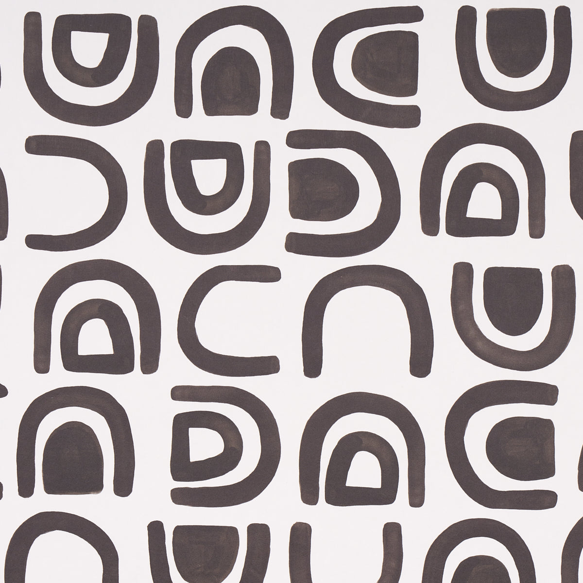 Abstract pattern of dark gray rounded U & arch shapes on a light background; retro geometric fabric print.