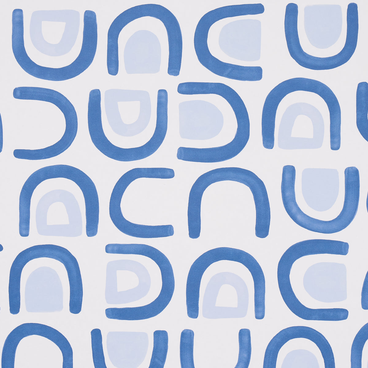 Blue abstract U-shaped curves forming a repeating geometric pattern on a white backdrop