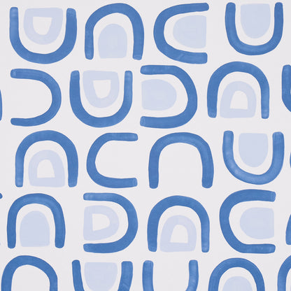 Blue abstract U-shaped curves forming a repeating geometric pattern on a white backdrop