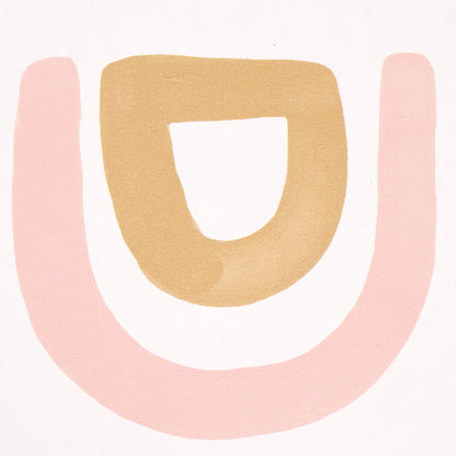 Minimal abstract print with a soft pink outer U and mustard inner arch for modern wall decor.