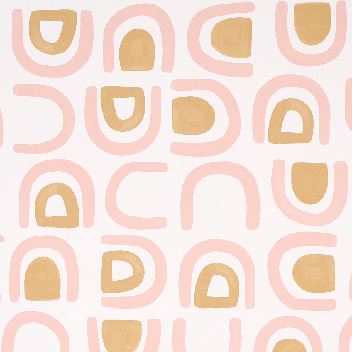 Abstract geometric pattern of pink curved arches and gold rounded squares on white background; mid-century modern inspired.