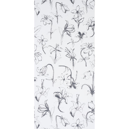 Slate grey pencil floral pattern on white background; hand-drawn botanicals for wallpaper or fabric.
