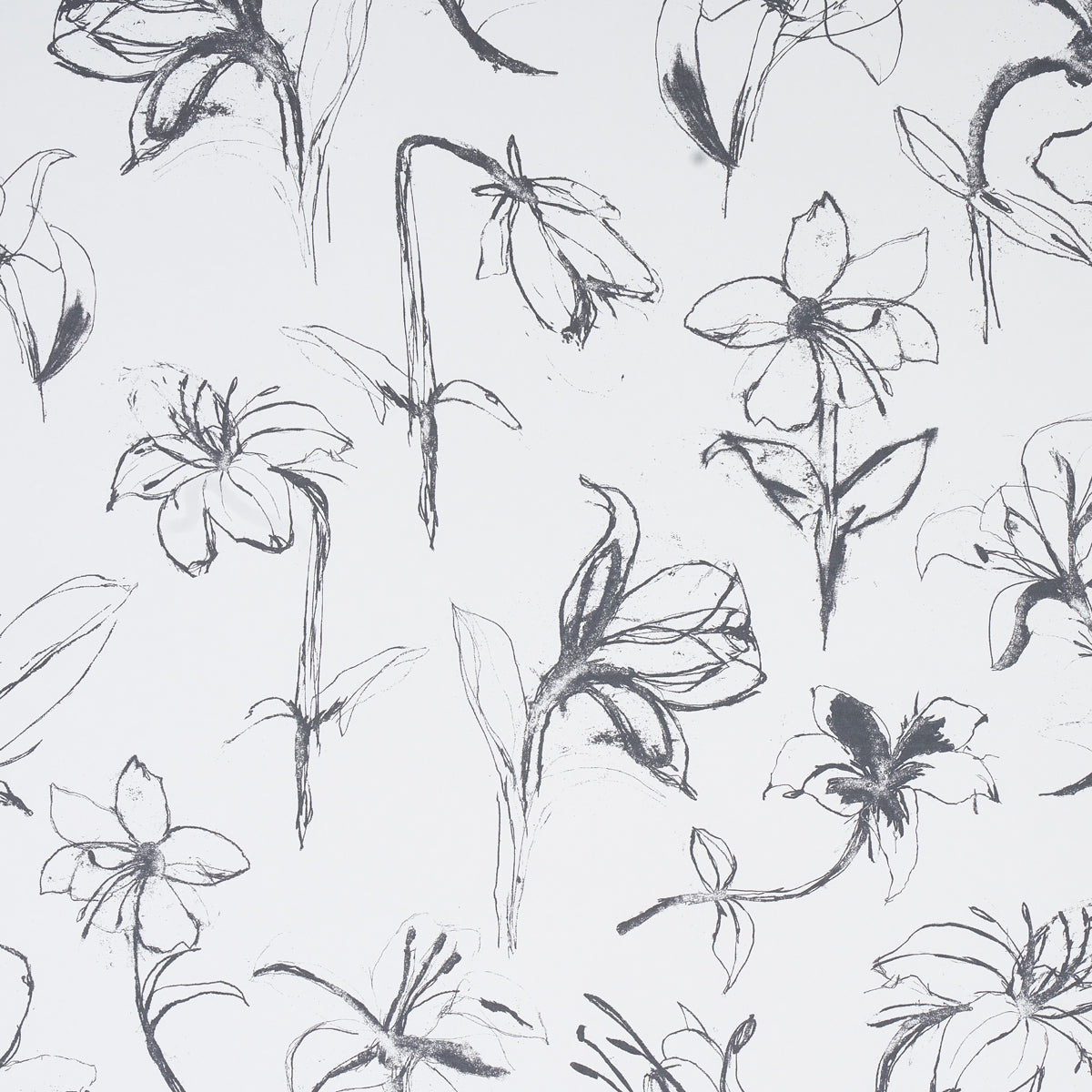 Black-and-white floral sketch pattern with hand-drawn flowers and stems, suitable for fabric or wallpaper.