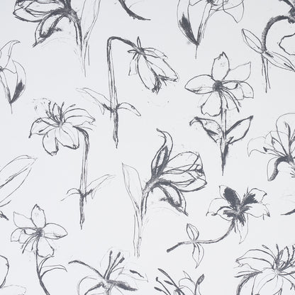Black-and-white floral sketch pattern with hand-drawn flowers and stems, suitable for fabric or wallpaper.