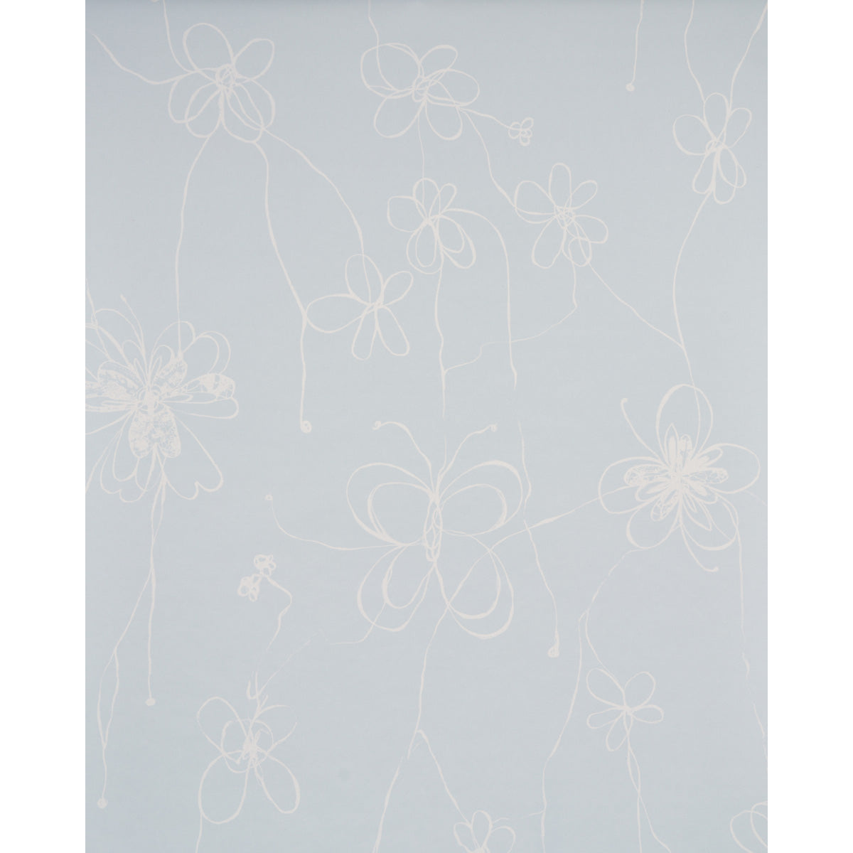 Light blue background with delicate white line-drawn flowers and looping vines.