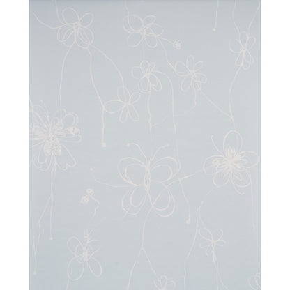 Light blue background with delicate white line-drawn flowers and looping vines.