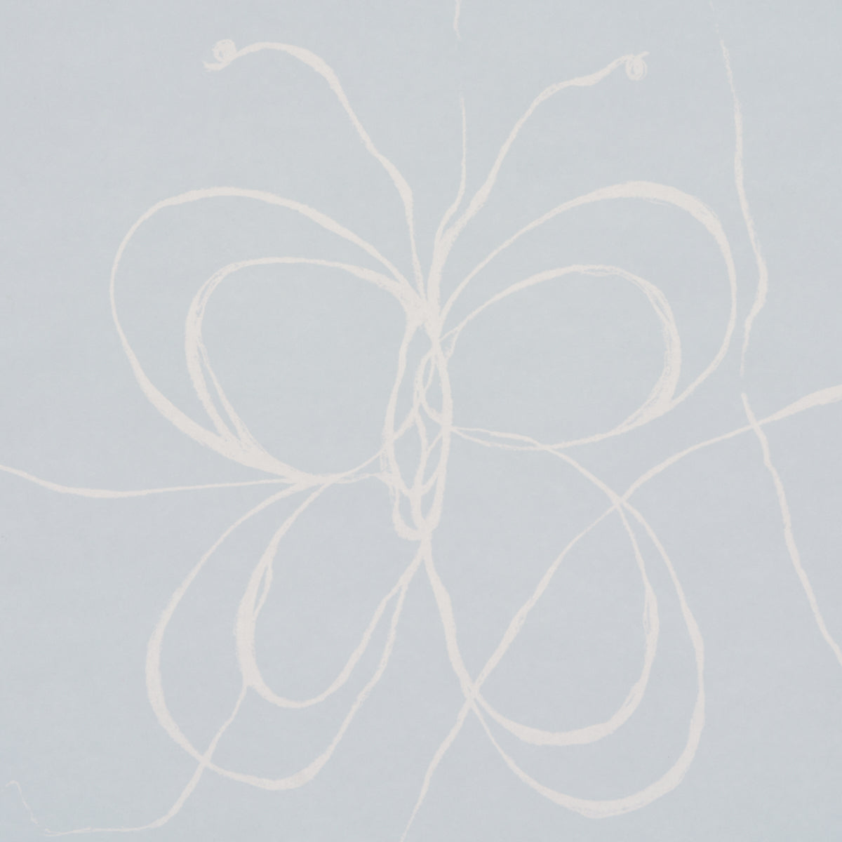 Soft blue backdrop with white looping lines forming an abstract bow-like floral motif.