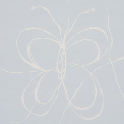 Soft blue backdrop with white looping lines forming an abstract bow-like floral motif.