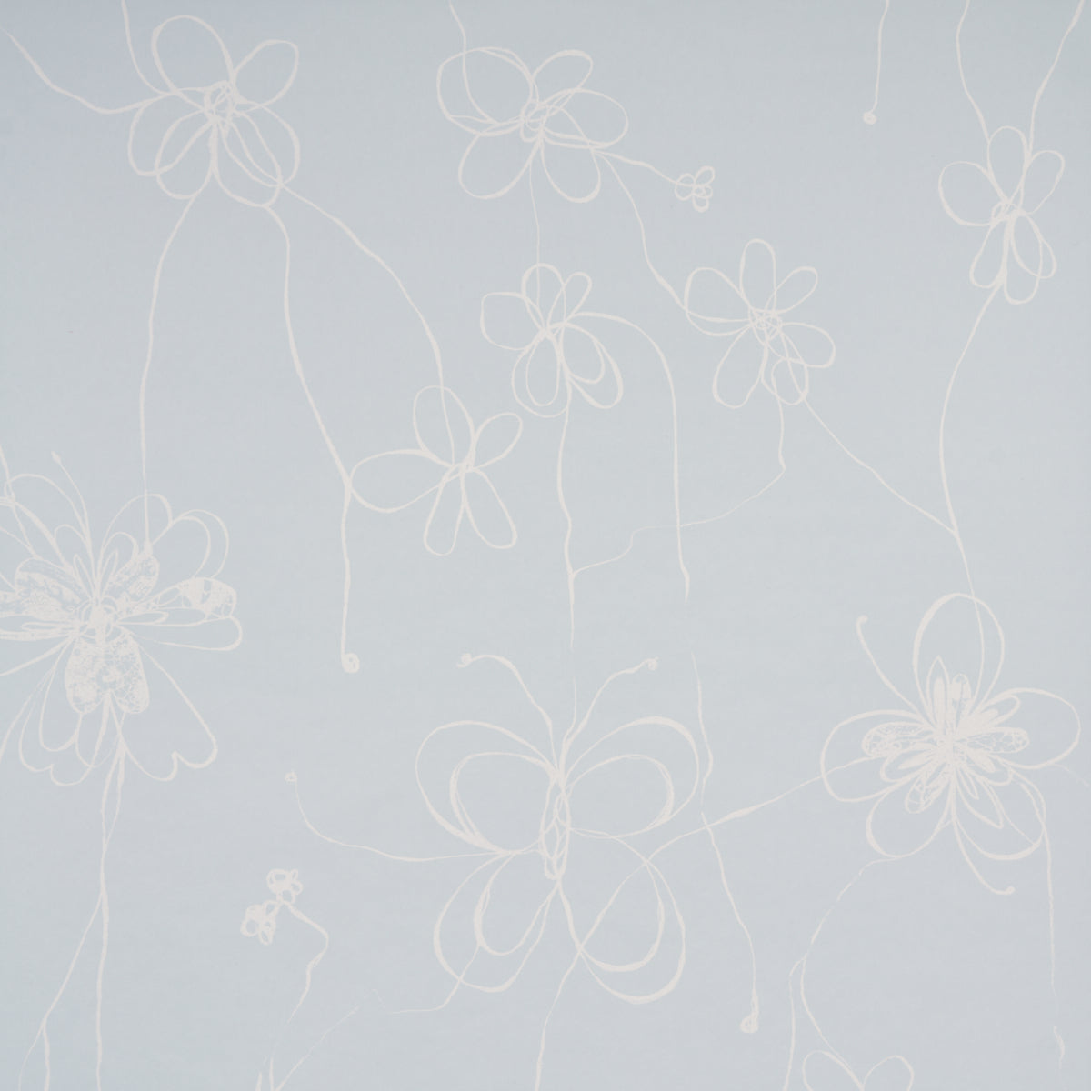 Light blue background with delicate white line-drawn florals; airy floral pattern.
