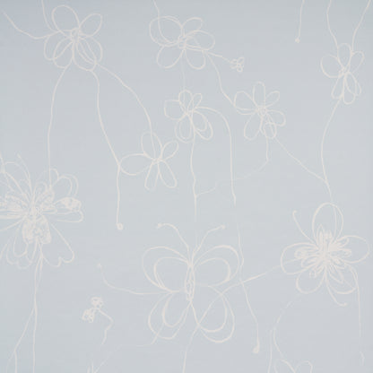 Light blue background with delicate white line-drawn florals; airy floral pattern.