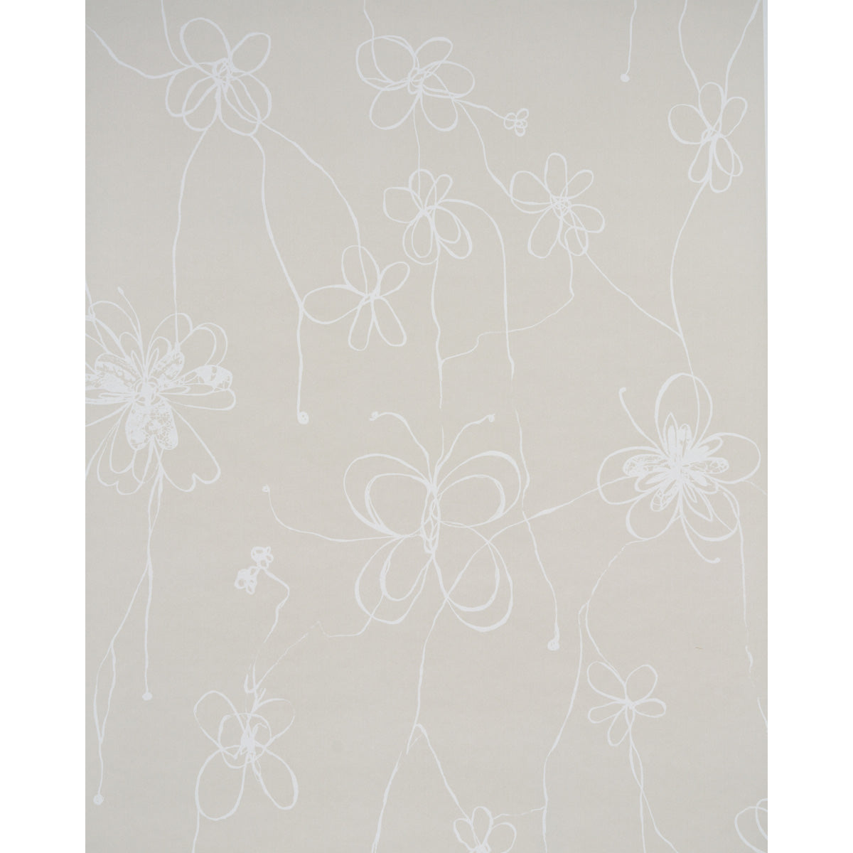 Soft gray-beige wallpaper with white floral line art and a central flower motif.