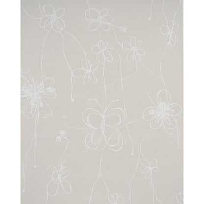 Soft gray-beige wallpaper with white floral line art and a central flower motif.