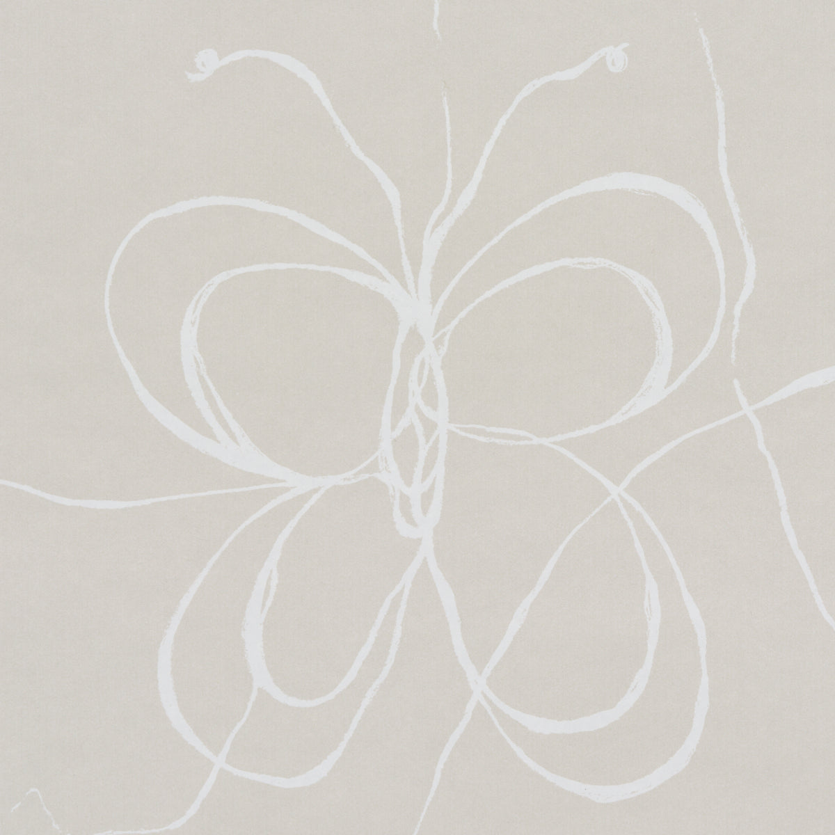 Abstract white looping lines form a flower-like bow on a beige background.