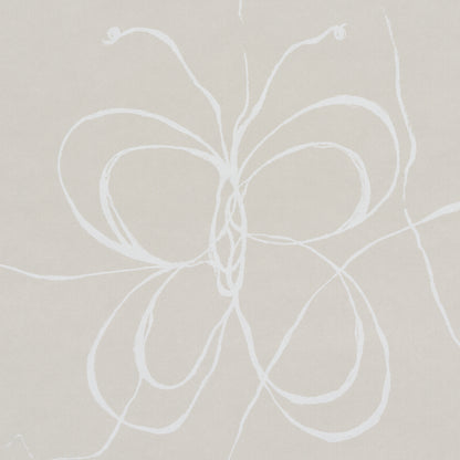 Abstract white looping lines form a flower-like bow on a beige background.
