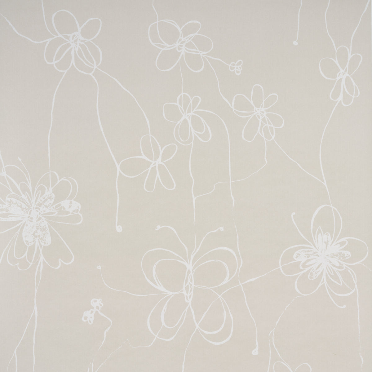 Beige wallpaper with white line-drawn flowers and vines, modern botanical motif for walls.
