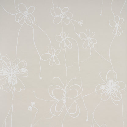 Beige wallpaper with white line-drawn flowers and vines, modern botanical motif for walls.