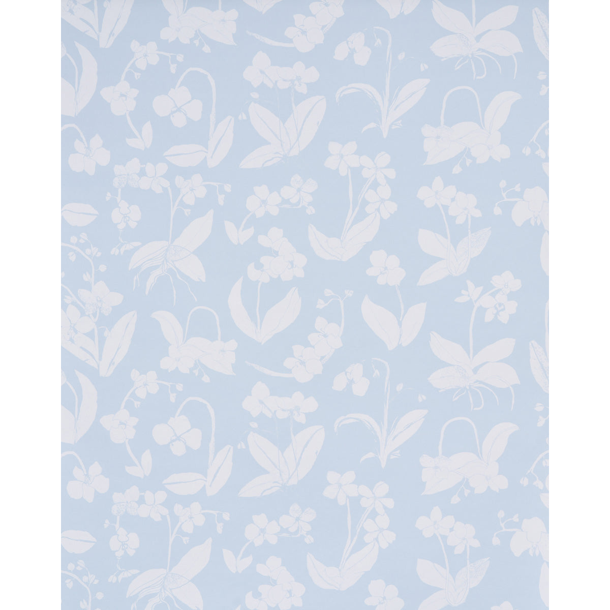 Light blue wallpaper with white floral pattern featuring leaves and blossoms.