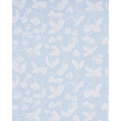 Light blue wallpaper with white floral pattern featuring leaves and blossoms.
