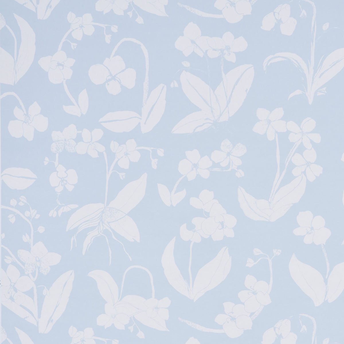 Light blue wallpaper with a white botanical floral pattern of blossoms & leaves; soft, decorative wall decor.
