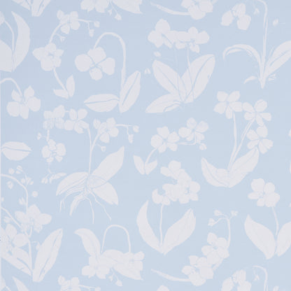 Light blue wallpaper with a white botanical floral pattern of blossoms & leaves; soft, decorative wall decor.