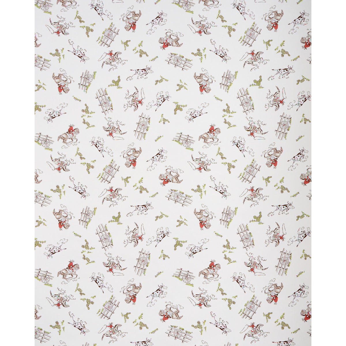 Cream fabric with Wild West design in muted tones; features small red silhouettes and rustic western imagery.