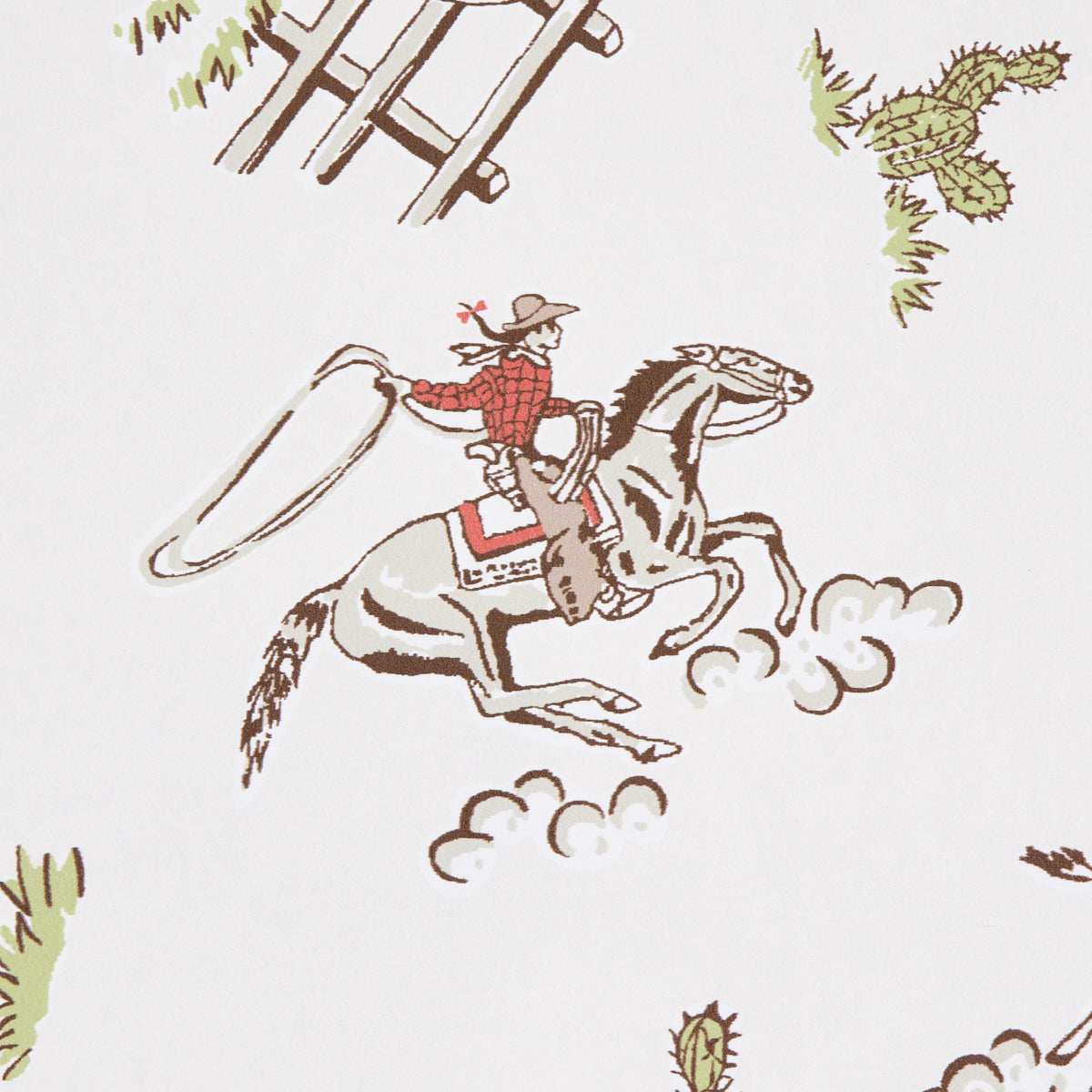 Wild West cream wallpaper: whimsical scene of a cowboy in a red plaid shirt riding a rearing grey horse, dust puffs, cacti and a rustic fence.