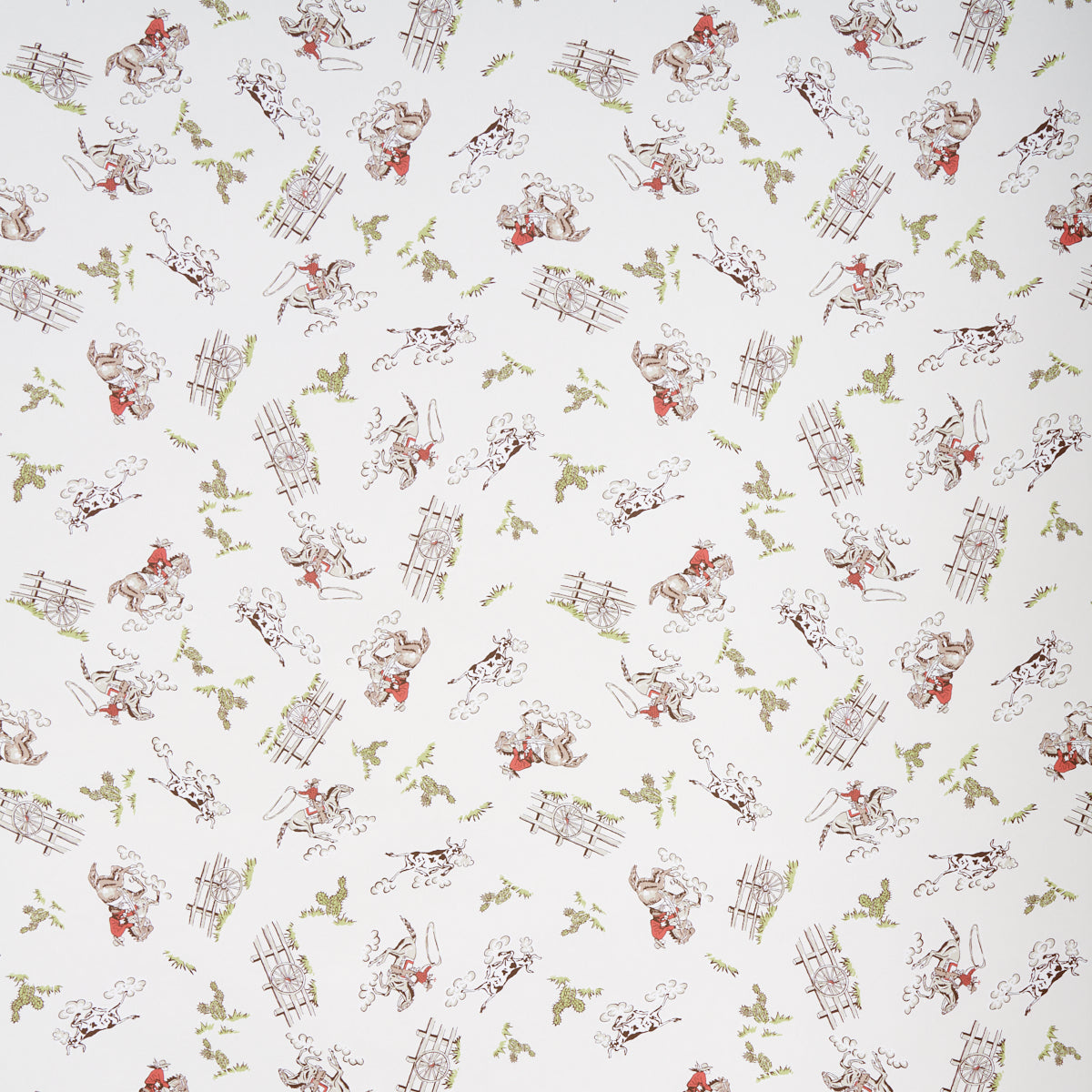 Cream fabric with a vintage countryside toile print showing red-clad riders, wooden fences, and green ivy motifs.