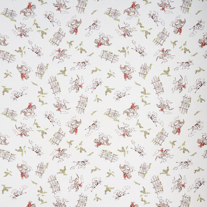 Cream fabric with a vintage countryside toile print showing red-clad riders, wooden fences, and green ivy motifs.