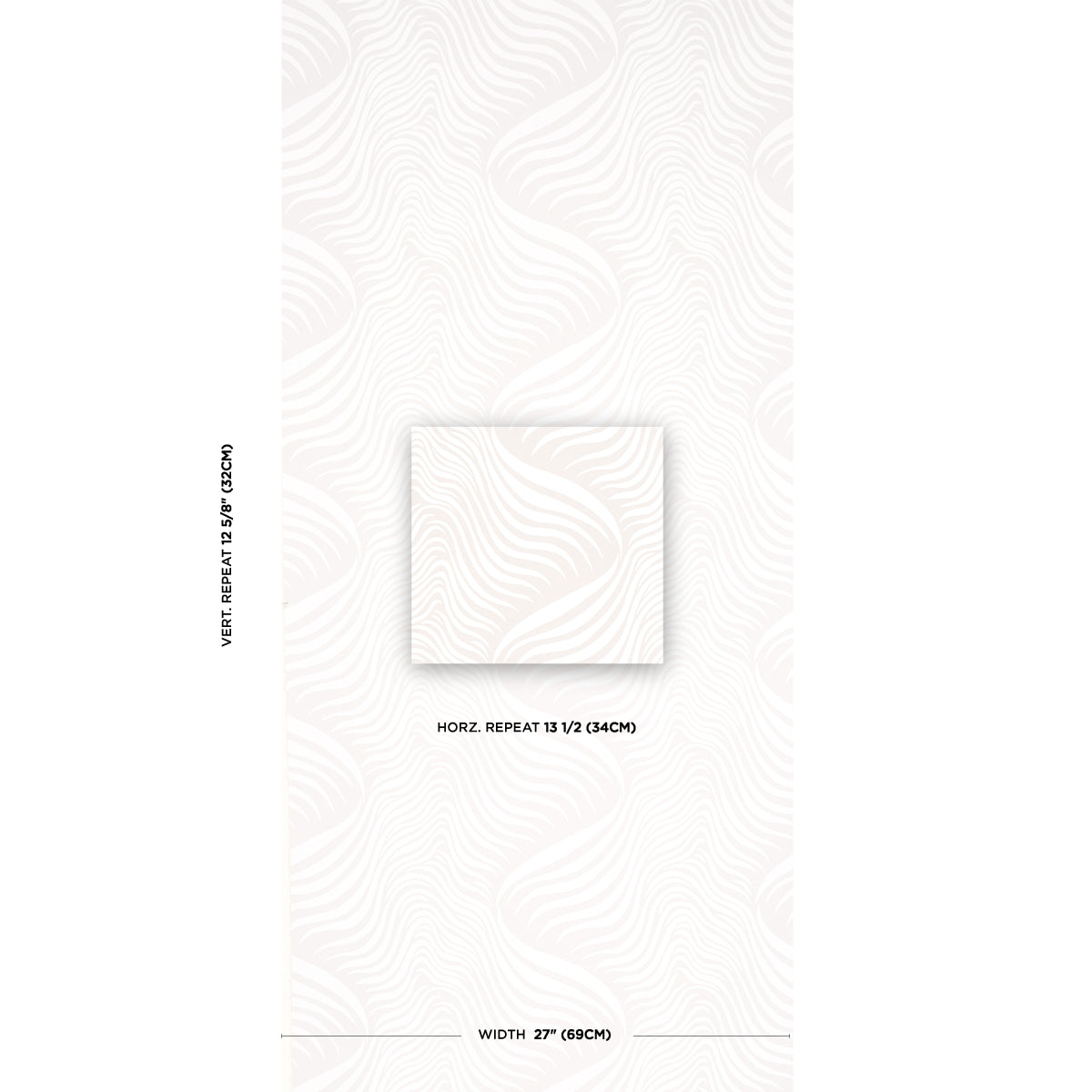 Off-white wallpaper with a subtle embossed wave pattern; central square swatch on a patterned sample card.