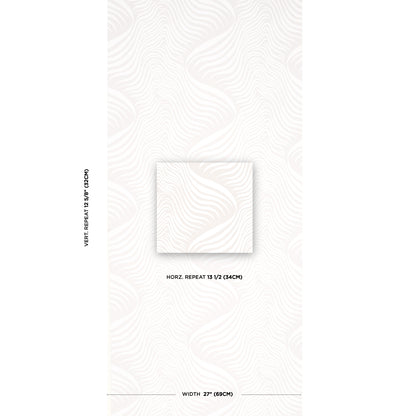 Off-white wallpaper with a subtle embossed wave pattern; central square swatch on a patterned sample card.