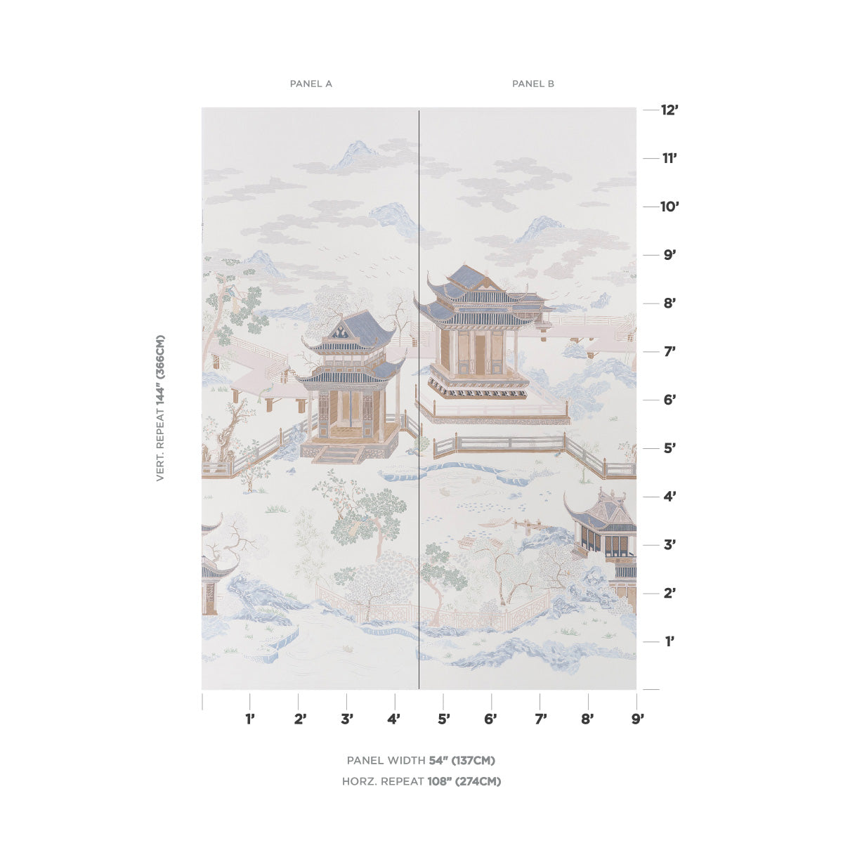 Two-panel Asian pagoda landscape panel set in soft pastels; watercolor-style temples, mountains, and trees.