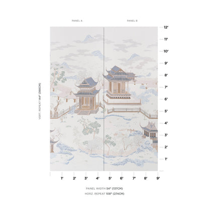 Two-panel Asian pagoda landscape panel set in soft pastels; watercolor-style temples, mountains, and trees.