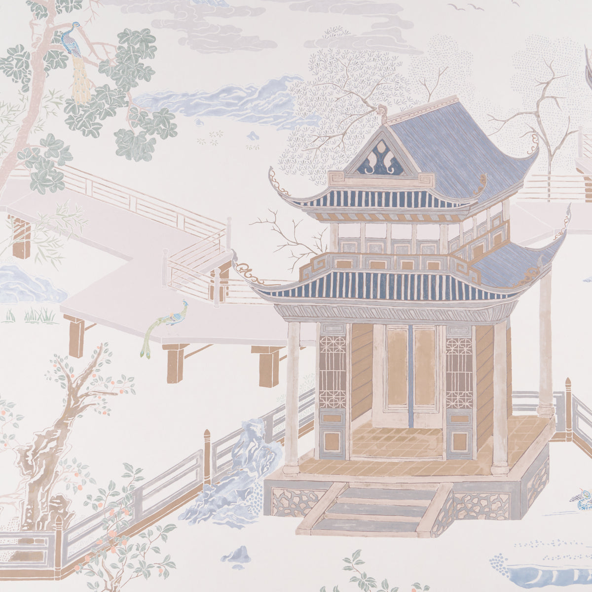 Pastel Chinese garden pavilion with blue roof, wooden lattice, steps, bridge & trees in a watercolor scene.