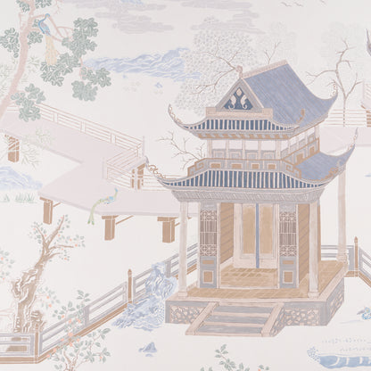 Pastel Chinese garden pavilion with blue roof, wooden lattice, steps, bridge & trees in a watercolor scene.