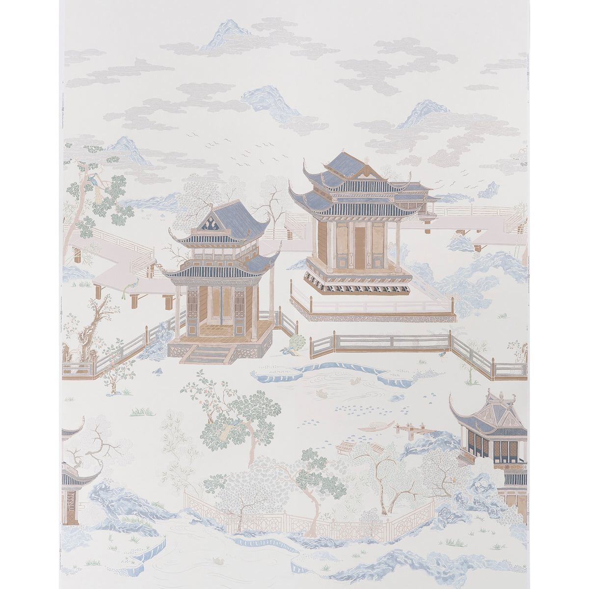Pastel watercolor of wooden Chinese pavilions on a lake with bridges, trees and distant mountains.